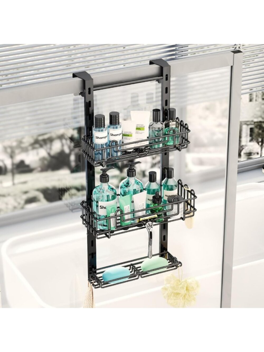 3-Tier Over the Door Shower Caddy with Hooks & Soap Holders - Adjustable